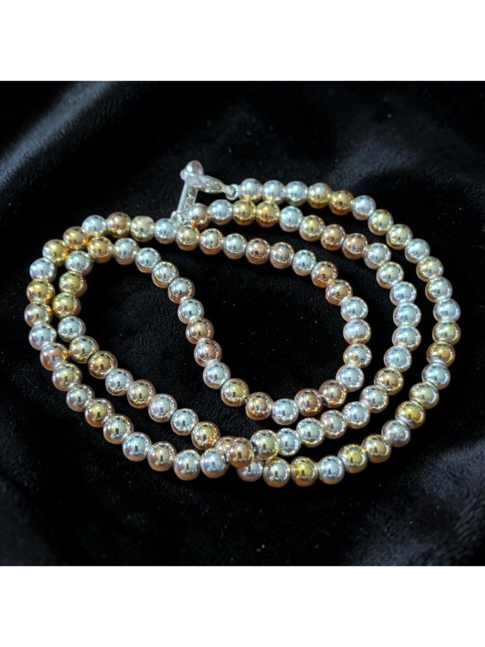 Vintage Napier Silver Gold Rose Gold Tone Metal Beaded Necklace Toggle